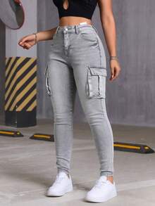 Skinny Cargo Jeans, Blue Wash, Stretchy, With Multiple Pockets, Butt-Lifting Effect, Fitted Cuffs - 淺灰色 - 查看 4