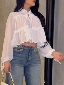 女士优雅休闲衬衫，不对称设计，翻领系带灯笼袖宽松衬衫，纯色梭织面料，褶裥下摆，适合日常、约会、度假、春夏穿着，白色 - 白色 - 查看 8