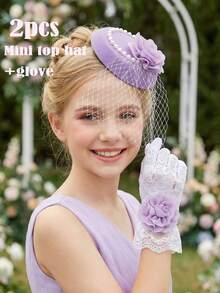 2pcs/Set Purple Tulle Rhinestone Bow Fascinator Hat + Bow Gloves For Girls & Teens, Wedding Photography Props, Party Photobooth Accessories, Wedding Decor - Purple - View 3