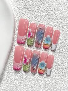 10Pcs Gentle, Girly Style Handmade Nail Art Set,Polygel Nail Set,Starfish, Sea Snails Nail Art Accessories,Hand Sculpted Five Petal Flower And Stripes Nail Art Decorations,Green, Blue And Pink Purple Nail Polish,Vibrant Summer Style,Comes With Nail Tools(1 Sheets Jelly Stickers+1PC Nail File)3 Sizes Available,Almond Nails, Duck Nails,Coffin Nails,Suitable For Reunion,Daily,Party,Photograph,Play,Spring Summer,Commute Supplies Nails - 彩色 - 查看 16