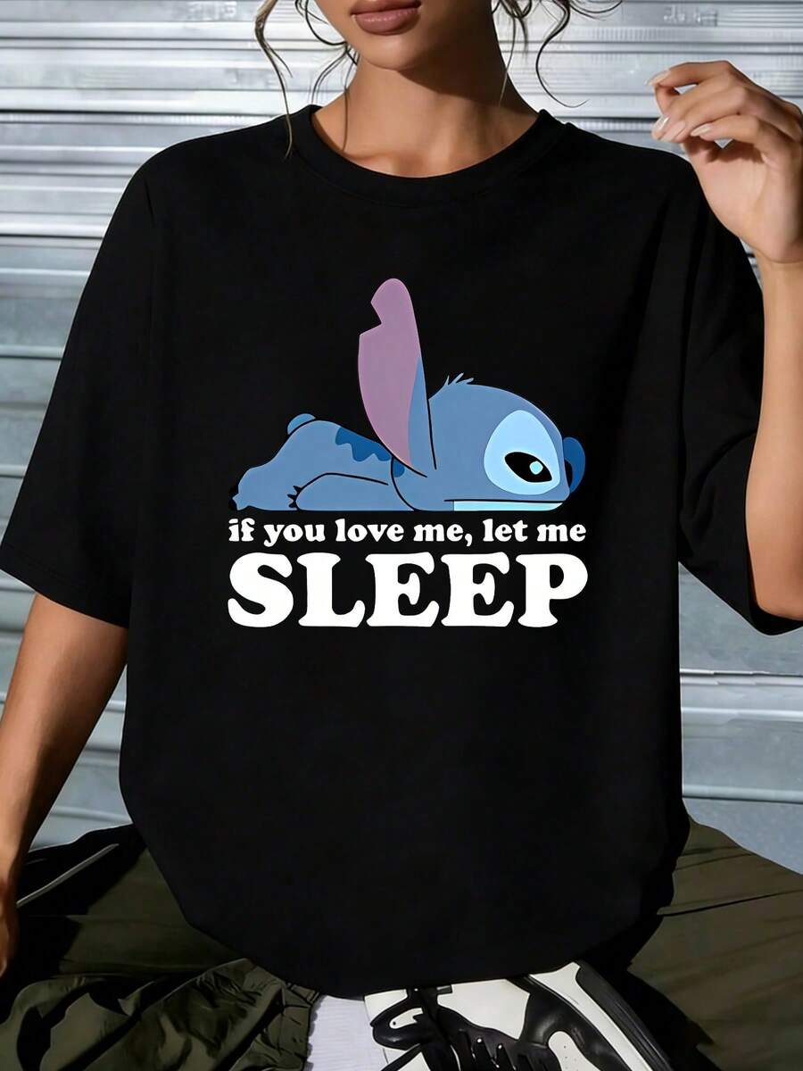 Disney Lilo And Stitch Let Me Sleep Graphic T-Shirt, Cute Stitch Lazy Day Oversized TeeThis Women's Crew-Neck Cropped Top Is Suitable For All Seasons And Perfectly Suited For Any Occasion-Whether For Everyday Wear, A Shopping Trip, Or Attending Parties And Gatherings, It Is An Excellent Choice. It Serves Not Only As An Ideal Staple For Your Daily Wardrobe But Also As A Thoughtful Gift For Friends And Family. - 黑色 - 查看 1