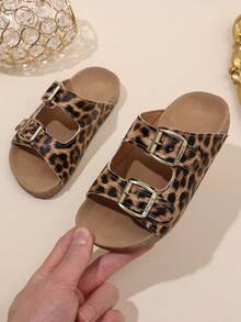 Girls' Adjustable Lace-Up Leopard Plaid Print Casual Soft Cork Sole Slippers - Brown - View 5