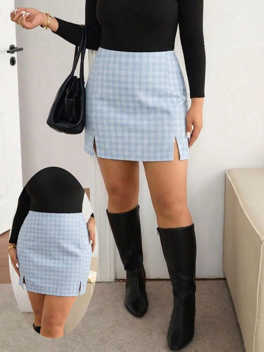大码浅蓝色格子高腰修身迷你裙，双开衩下摆Y2K学院风半裙，女士春季休闲日常下装 - 淺藍色 - 查看 1
