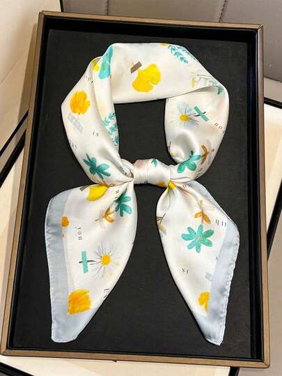 1条女士几何卡通花卉印花丝巾头巾，可作头带或领带，适合日常使用