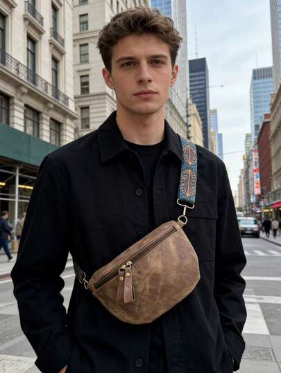 Bolso bandolera marrón vintage para hombres, bolso de pecho casual de piel sintética, bolso cruzado con correa estampada para uso diario y viajes