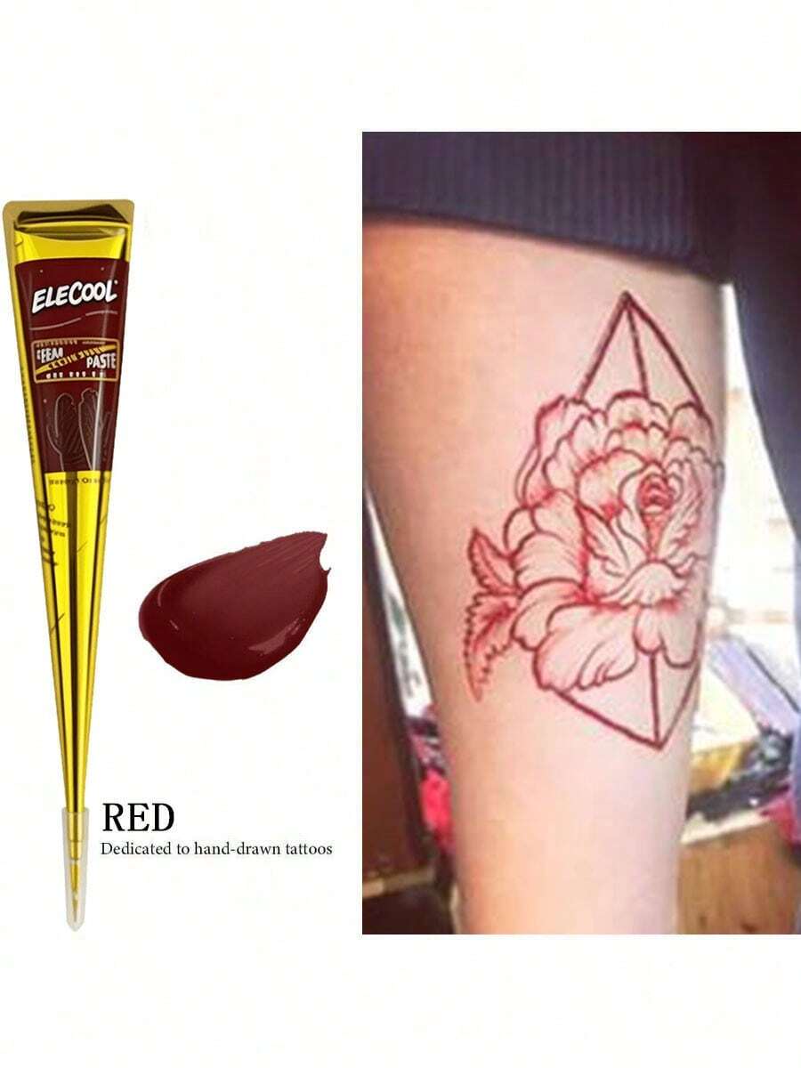 [Colorful Henna Tattoo Set]High-Quality Henna Tattoos In Multiple Colors, 12 Reusable Random Stencils | Pre-Mixed Natural Henna Dye For Temporary Body Art | Waterproof And Smudge-Proof, Durable | Beginner-Friendly DIY Kit, Suitable For Parties, Festivals, Halloween, Weddings, And Henna Nights - 紅色 - 查看 1