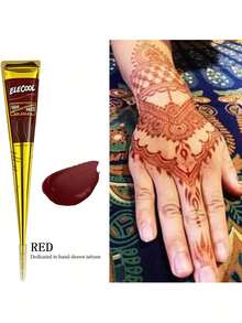 [Colorful Henna Tattoo Set]High-Quality Henna Tattoos In Multiple Colors, 12 Reusable Random Stencils | Pre-Mixed Natural Henna Dye For Temporary Body Art | Waterproof And Smudge-Proof, Durable | Beginner-Friendly DIY Kit, Suitable For Parties, Festivals, Halloween, Weddings, And Henna Nights - 紅色 - 查看 6