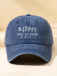 1pc Women Flower & "God Is Good" Print Adjustable Size Outdoor Casual Fashion Sun Protection Vintage Streetwear Washed Brim Baseball Cap, Suitable For Daily Matching - 均碼 - 查看 1