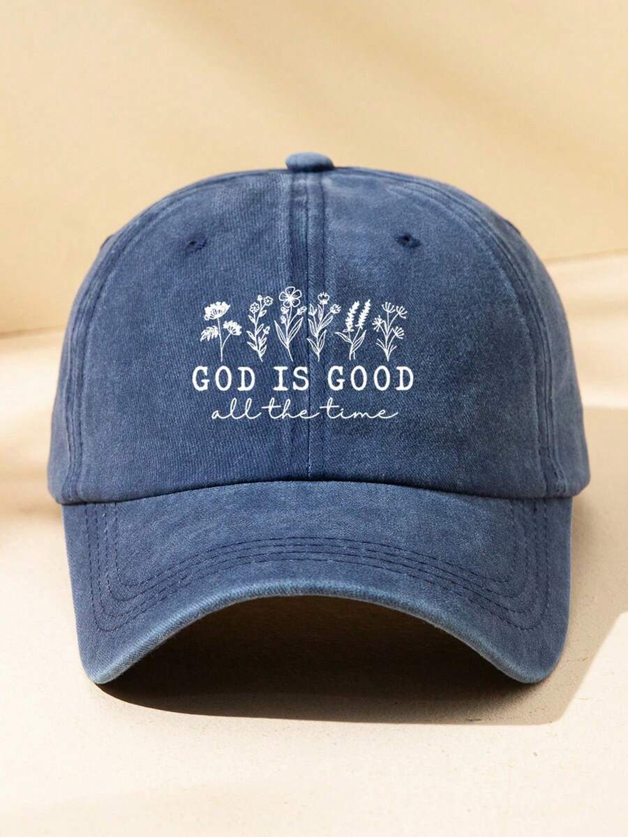 1pc Women Flower & "God Is Good" Print Adjustable Size Outdoor Casual Fashion Sun Protection Vintage Streetwear Washed Brim Baseball Cap, Suitable For Daily Matching - 均碼 - 查看 1
