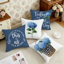 4pcs Vintage Blue Hydrangea Home Throw Pillow Covers, Single-Sided Printed Peach Velvet, 45*45CM/18*18inch Cushion Covers Suitable For Modern Minimalist Sofa Living Room Decor, Gift, Party Decoration - Multicolor - View 6