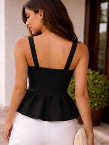 Elegant Women's Peplum Blouse With Sweetheart Neckline And Wide Straps – Fitted Waist, Casual Chic Summer Style - màu đen - Xem 2