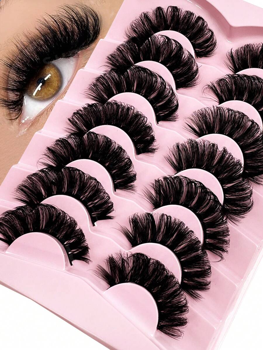 Hinarin 7对/包 DD卷翘俄罗斯假睫毛，浓密卷翘蓬松，3D仿貂毛睫毛，猫眼效果，8D纤长浓密睫毛，提拉眼部，延长加粗睫毛线，打造精致妆容 - 黑色 - 查看 1