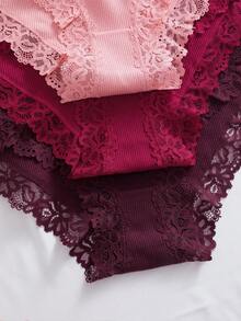 3pcs/Set Solid Color Cotton Ribbed Lace Patchwork Sexy & Comfortable Women's Panties, Suitable For Valentine's Day, Christmas, Autumn/Winter, Spring/Summer Daily Wear - Multicolor - View 8