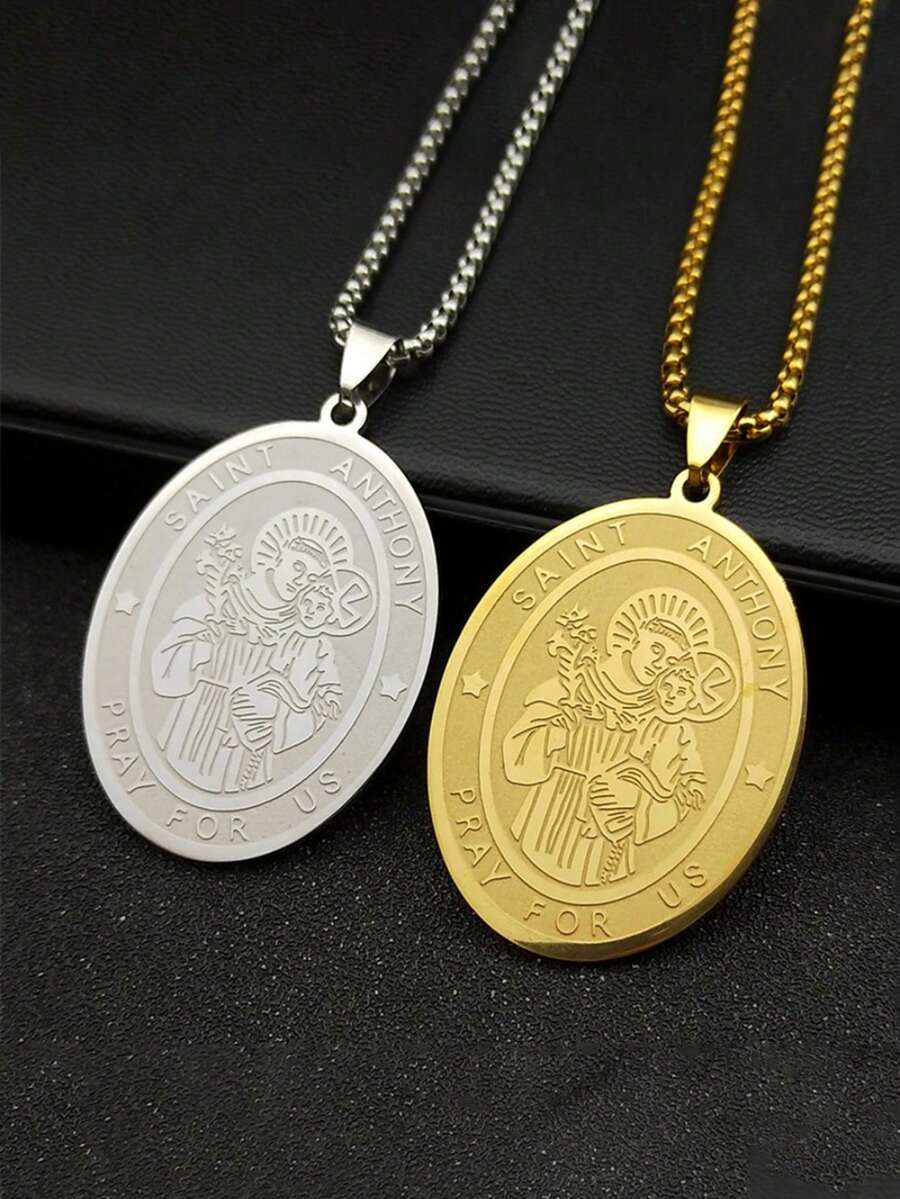 Jesus St. Saint Anthony Pray Us Pendant Necklace For Women Men Stainless Steel Gold Color Religion Medallion Chain Jewelry