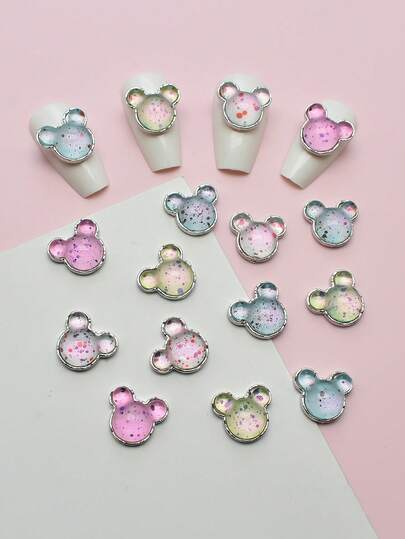 5件套卡通小熊手工美甲装饰品，合金底座透明彩色小熊假指甲配件，美甲用品