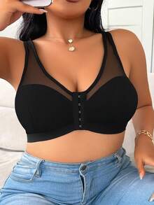 1pc Plus Size Front Closure Bra, Mesh Panel Wide Strap Non Underwire Bra, Comfort Support Everyday Wear Women Intimates Lingerie - Black - View 6