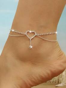 1pc Sparkling Double Heart Anklet For Women, Beach, Party, Festival - Silver - View 4