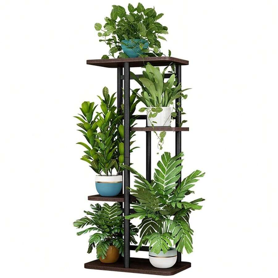 Multi-Tier Indoor Plant Shelf Rack – Sturdy Wood & Metal Construction – Space-Saving Design For Balcony, Garden, Corner – Decorative Stand For Multiple Pots - 5-layer 6-pot [Black Oak] - View 1