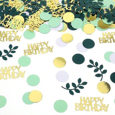 220片灰绿色生日快乐彩纸屑，散落的绿色金色箔纸蛋糕装饰，适用于生日派对、婴儿派对DIY手工制作
