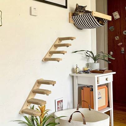 壁挂式剑麻绳猫抓柱，4层猫爬架，实木猫墙面家具，可供玩耍、攀爬和抓挠，最大承重12公斤（26磅）