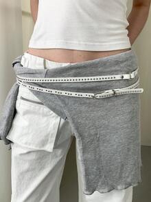 1 chiếc thắt lưng nữ màu trắng chất liệu PU kiểu dáng đường phố hai lớp có đinh tán - trắng - Xem 4