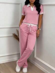 两件套女士新款 Polo 领短袖 T 恤和松紧腰宽松裤，时尚休闲运动风撞色上衣搭配条纹高腰抽绳直筒裤，适合春、夏、秋季户外、运动、通勤、街头穿着，粉色 - 粉色 - 查看 4