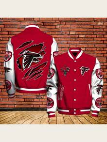 At-Lanta Falcons Football Graphic Men's And Women's Snap Button Varsity Jacket Baseball Coat Sporty Style For Fans And Sports Enthusiasts - 混合色 - 查看 1