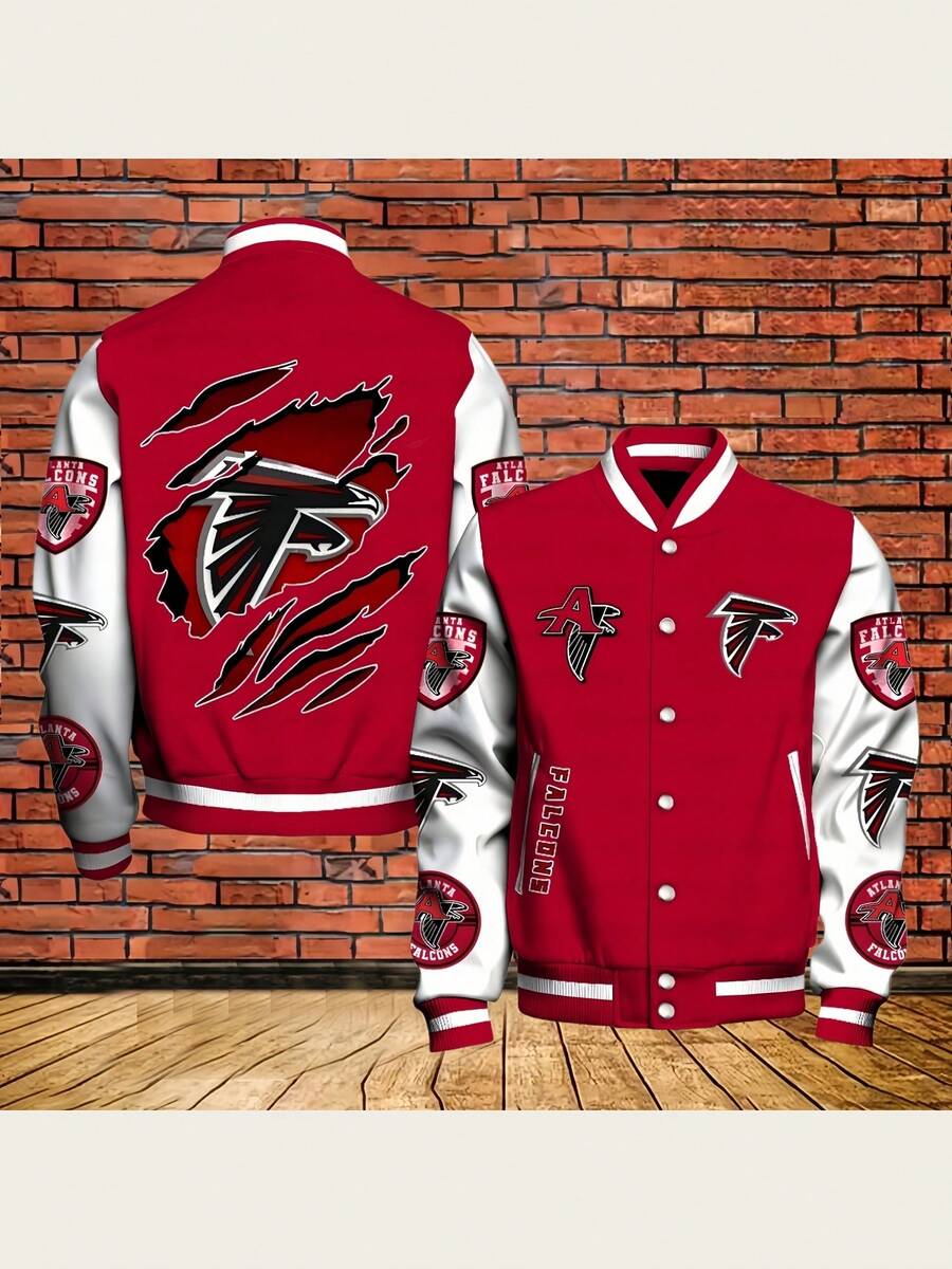 At-Lanta Falcons Football Graphic Men's And Women's Snap Button Varsity Jacket Baseball Coat Sporty Style For Fans And Sports Enthusiasts - 混合色 - 查看 1