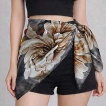 Floral Satin Scarf 90x90 – Retro Women's Fashion Head And Neck - 黑2 - 查看 6