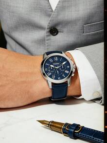 Fossil 1pc Men's Quartz Watch With Leather Strap, 3-Dial Display, Business Casual Style, Suitable For Daily Wear, Men's Gift - Blue - View 1