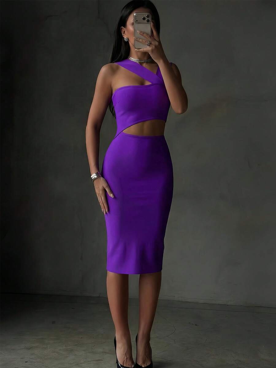 Summer One Shoulder Hollow Out Mid-Length Fitted Dress, Purple Elegant Evening Party Sexy Dress Wedding Fall - Purple - View 1