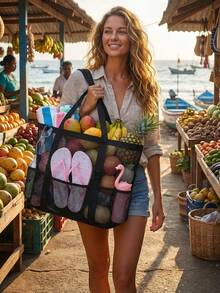 大容量网眼沙滩包，多口袋设计，专为女性和家庭打造，防沙、速干、手提，是夏季海滩度假和户外旅行的必备配件和装备，经久耐用，多功能收纳方案，是海滩度假和泳池派对的理想之选。 - 米色 - 查看 6