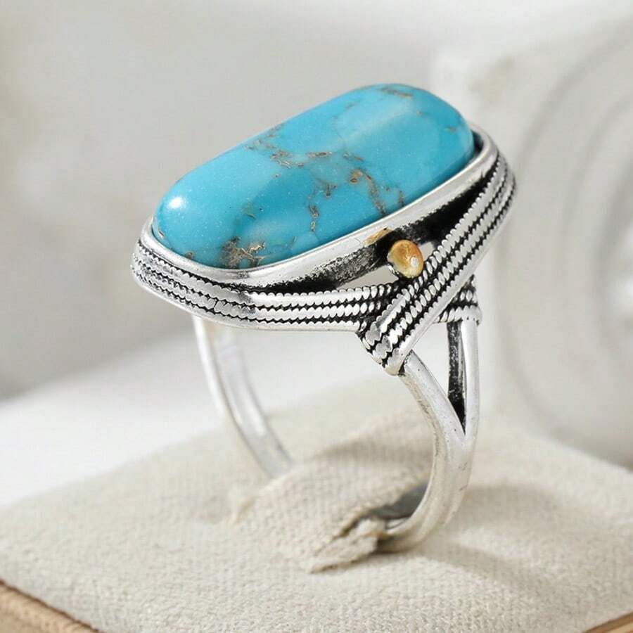 Handmade Wide Vintage Bohemian Style Artificial Turquoise Ring, Suitable For Women, Casual, Vacation Or Wedding Accessory, Unique Style Women's Jewelry - Silver - View 1