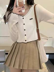 女士撞色荷叶边短款针织开衫毛衣，春季款 - 杏色 - 查看 5