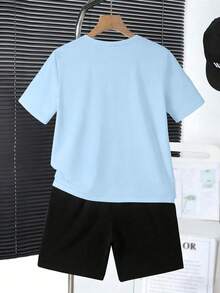 青少年男童时尚涂鸦篮球印花圆领T恤+短裤新款夏季休闲套装 - 彩色 - 查看 2