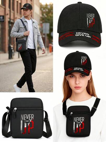 Bộ 1/2 mũ lưỡi trai in khẩu hiệu "Đừng bao giờ bỏ cuộc" và túi đeo chéo, thời trang đường phố unisex, mũ vành cong thể thao ngoài trời và túi đeo vai, có thể điều chỉnh, tuyệt vời để sử dụng cá nhân hoặc làm quà tặng.