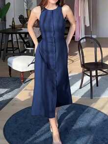Women's Elegant Sleeveless Solid Color Mid-Length Dress, Elegant Woven Fabric, Summer - Blue - View 4