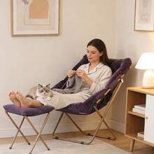 Oversized Folding Chair For Adults, Reading Chair With Ottoman, Faux Fur Fluffy Circle Accent Seat Comfy Living Room Lounge Chair For Bedroom Corner, Dorm, Apartment (Purple) - Purple - View 4