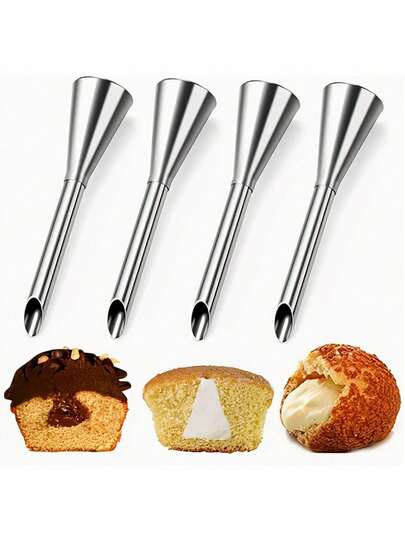 1/3pcs Stainless Steel Long Cream Puff Piping Nozzles, Professional Pastry Cream Decorating Tips For Cream Puffs, Cakes, Cupcakes, Donuts And Other Baked Goods