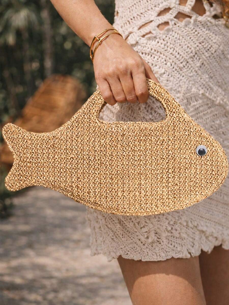 Túi xách hình cá dễ thương, túi tote dệt cho kỳ nghỉ hè ở bãi biển dành cho nữ. - Màu be - Xem 1