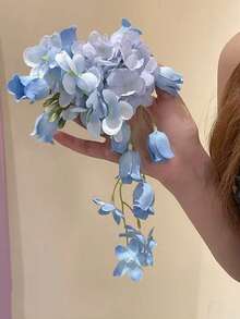 1件优雅粉白蓝紫瀑布式花朵发夹 - 精致的腮红花朵簇，垂坠渐变花瓣，浪漫的粉彩花朵发饰，适合新娘和日常佩戴 - 藍色 - 查看 9