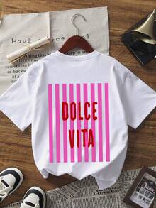 1件女士夏季圆领短袖T恤，竖条纹“DOLCE VITA”印花，休闲白色 - 白色 - 查看 4