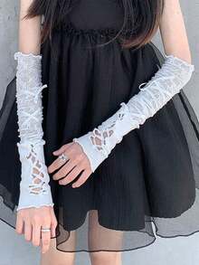 1pair,White Lace Arm Sleeves For Women, Ultra-Thin Summer Sun Protection Wrist Cover, Solid Color Breathable Gloves With Ribbon Ties - Multicolor - View 6