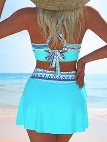 Summer Boho 2 Piece Bikini Suit For Women, Wrap V Neck Ruched Cross Back Tie Skirted Side Drawstring Bikini Set Beach Women Swimsuits - 彩色 - 查看 6