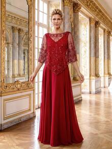 Đầm ren cổ chữ V màu đỏ cao cấp mới về, kèm khăn choàng, đầm dạ hội tặng kèm khăn choàng. - Đỏ - Xem 5