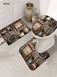 1/3/4 piezas Conjunto de cortina de ducha de flores silvestres de primavera con motivo de granero de madera de granja, tela de poliéster lavable y resistente al agua, accesorios de decoración de baño, incluye funda de asiento de inodoro, alfombras de baño y alfombra, perfecto para el hogar/dormitorio/sala de estar/artículos del hogar/verano - A - Ver 8
