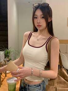 Conjunto de verano: Chaleco corto informal de mujer, sin mangas, de cuello redondo y corte ajustado, con bloques de color, perfecto para salir. - Albaricoque - Ver 8