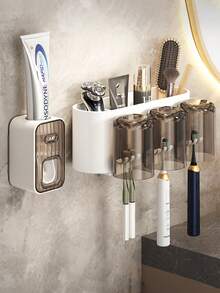 1 pieza Dispensador automático de pasta de dientes con soporte para cepillo de dientes, estante de almacenamiento de cepillo de dientes montado en la pared con vaso enjuagador, organizador de baño ahorra espacio para cepillo de dientes y vaso, decoración de baño para el hogar - Blanco - Ver 5