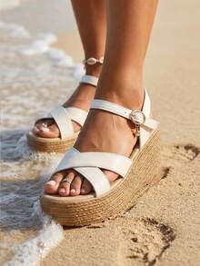 Minimalist Leather Lightweight Thick Sole Criss-Cross Strap Sandals, White Wedge Heel Beach High Heels For Summer - White - View 13