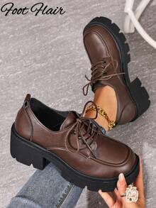 Foot Flair 女士棕色系带牛津鞋，复古英伦风高跟鞋，圆头厚底乐福鞋，学院风时尚百搭玛丽珍鞋（尺码偏小） - 棕色 - 查看 5